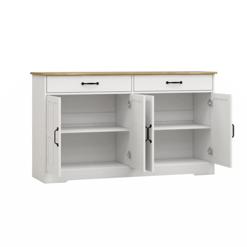 55.91 großer Landhaus-Buffetschrank, Sideboard mit 2 Schubladen und 4 Türen für Esszimmer, Wohnzimmer und Küche, weiß