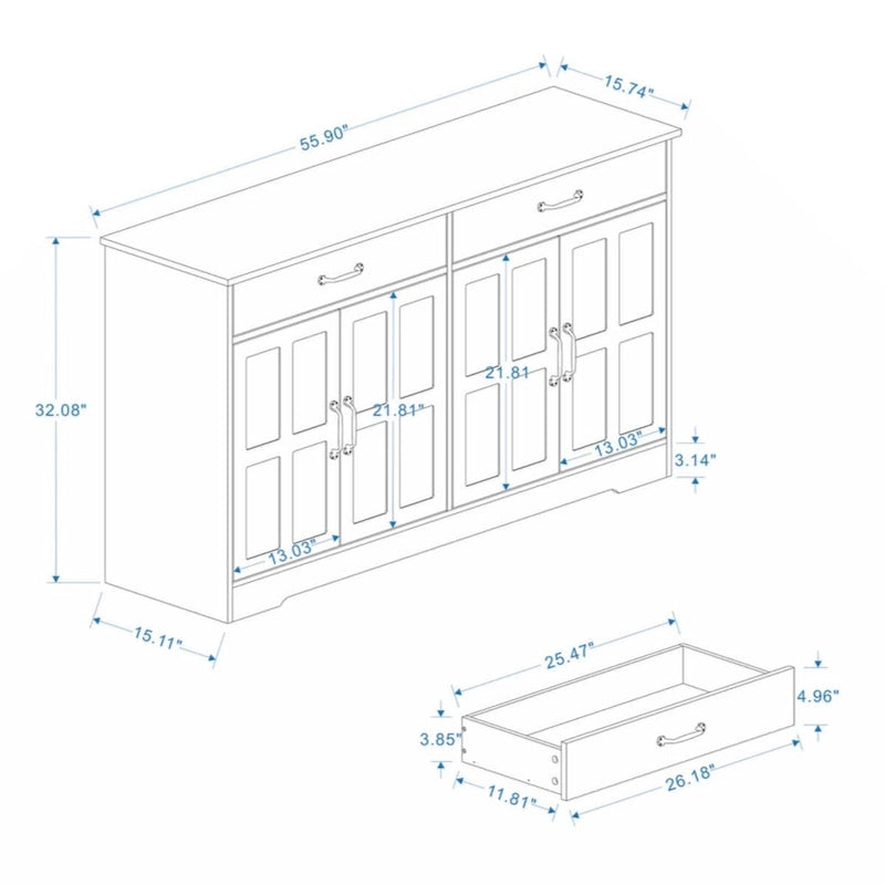 55.91 großer Landhaus-Buffetschrank, Sideboard mit 2 Schubladen und 4 Türen für Esszimmer, Wohnzimmer und Küche, weiß