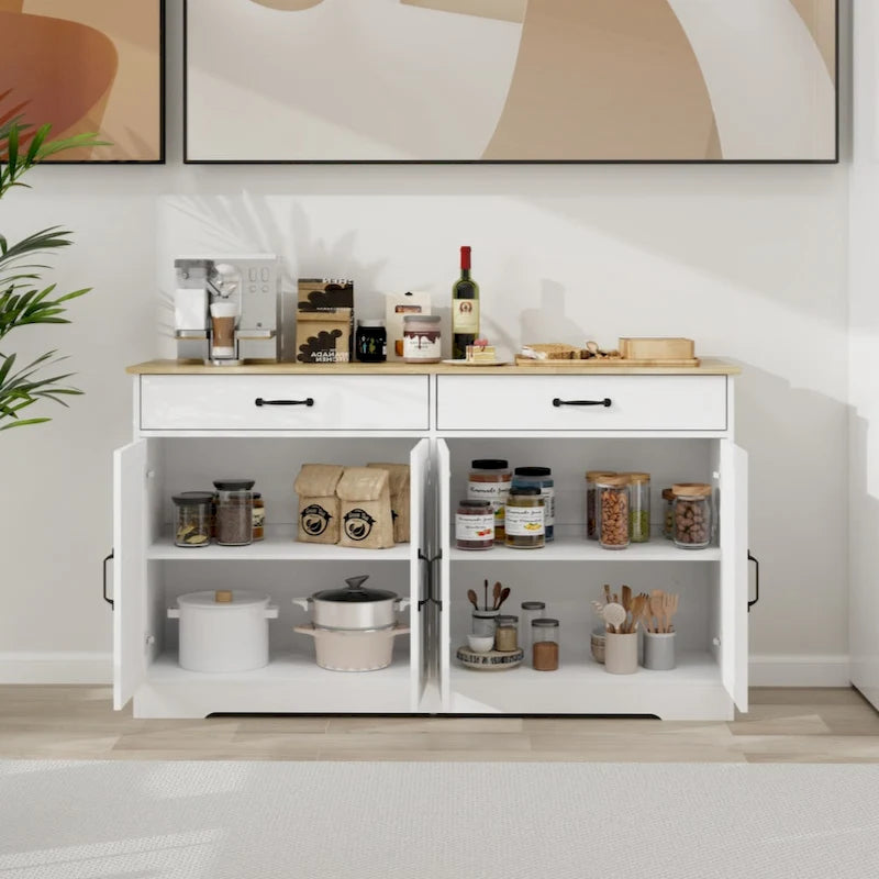 55.91 großer Landhaus-Buffetschrank, Sideboard mit 2 Schubladen und 4 Türen für Esszimmer, Wohnzimmer und Küche, weiß