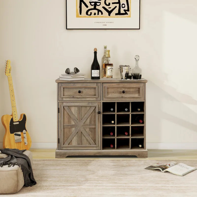 Buffetschrank mit Scheunentor, Barfach, Schubladen und Ablagefächern
