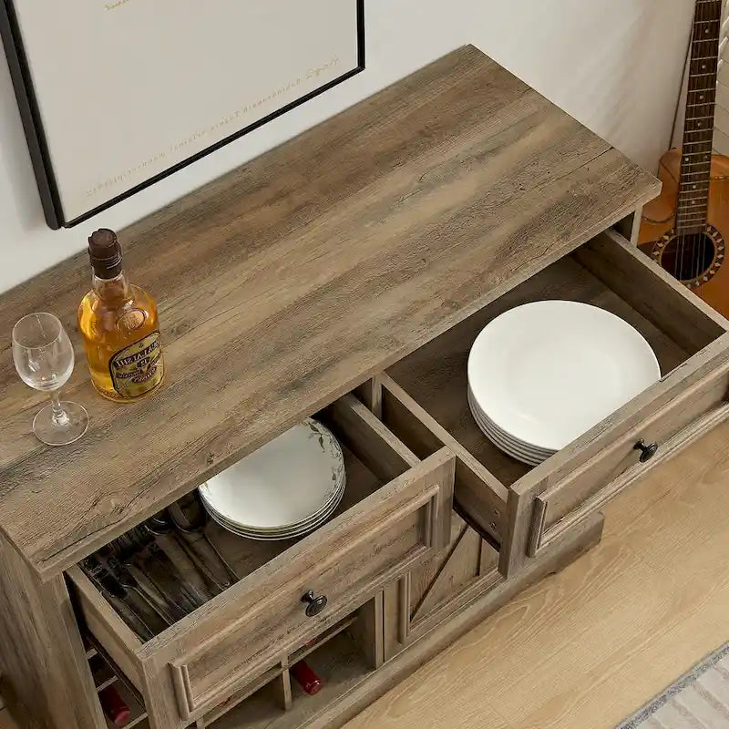 Buffetschrank mit Scheunentor, Barfach, Schubladen und Ablagefächern