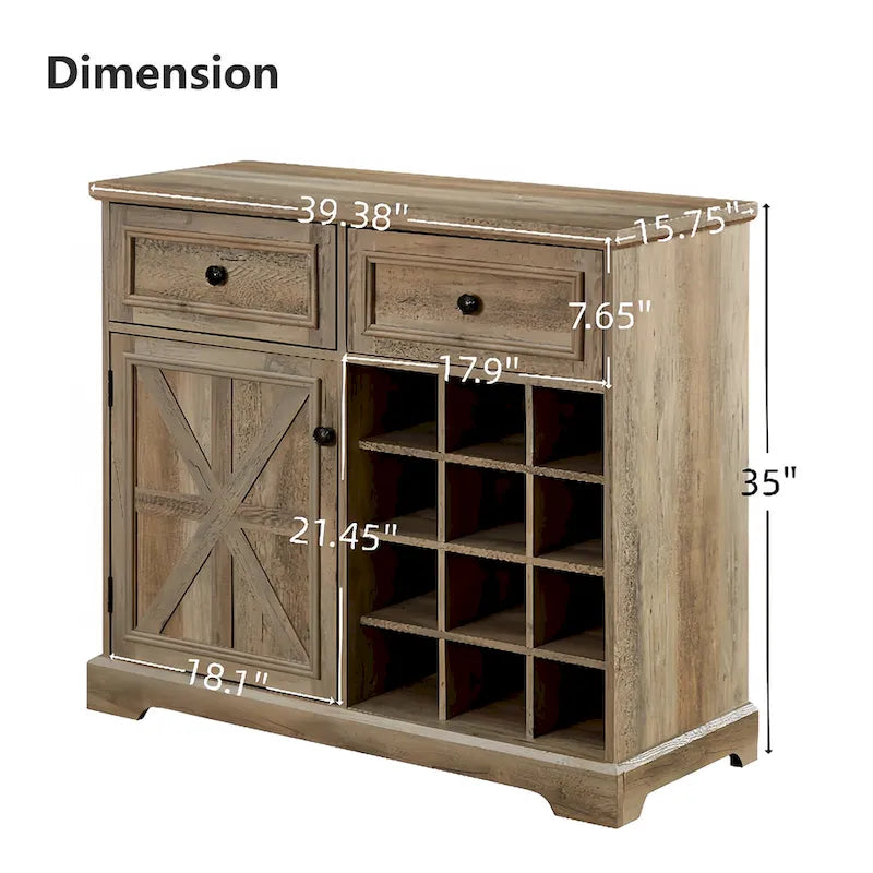 Buffetschrank mit Scheunentor, Barfach, Schubladen und Ablagefächern